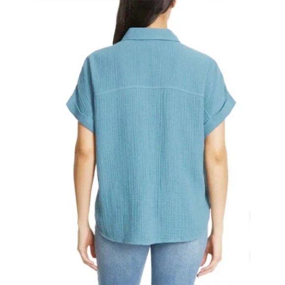 NEW Jessica Simpson Gauze Women's M Blue Button-Down Short sleeve Shirt - Picture 2 of 9